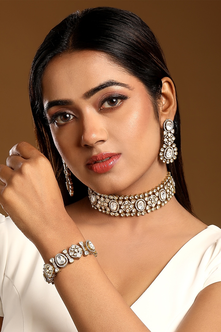 Antique Gold Finish Kundan Polki & Zircon Choker Necklace Set by Hrisha Jewels at Pernia's Pop Up Shop