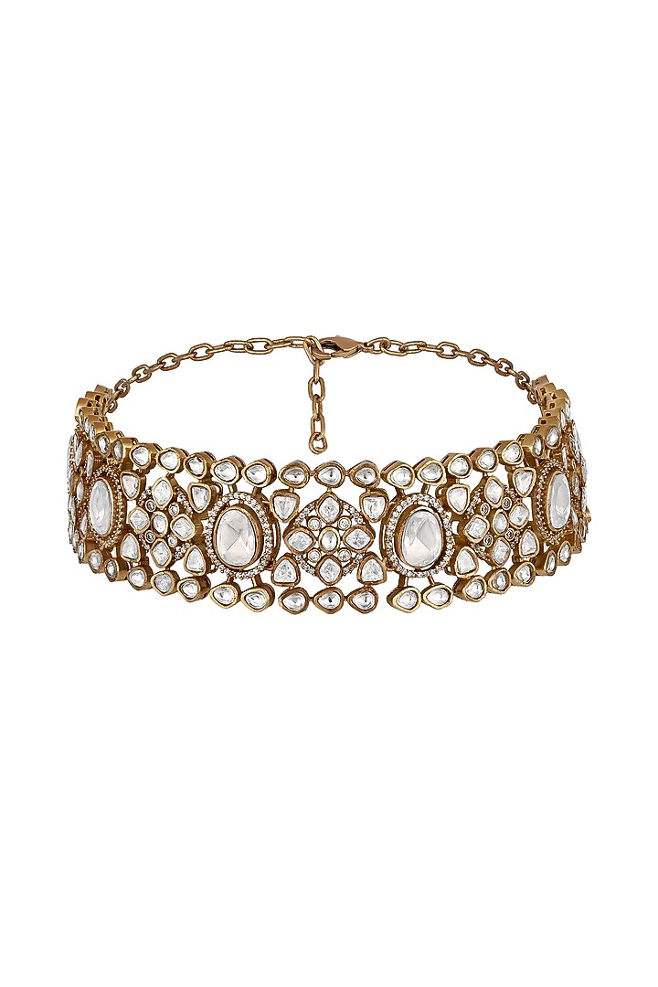 Antique Gold Finish Kundan Polki & Zircon Choker Necklace Set by Hrisha Jewels at Pernia's Pop Up Shop