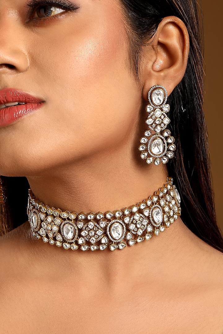 Antique Gold Finish Kundan Polki & Zircon Choker Necklace Set by Hrisha Jewels at Pernia's Pop Up Shop