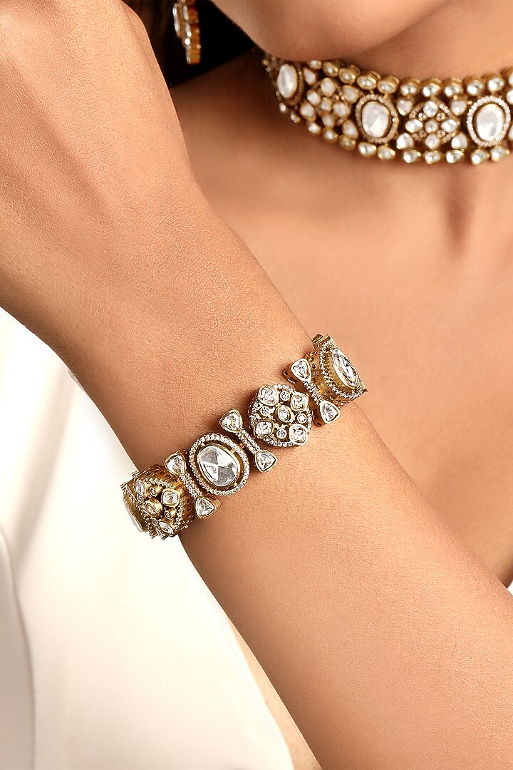 Antique Gold Finish Kundan Polki & Zircon Choker Necklace Set by Hrisha Jewels at Pernia's Pop Up Shop