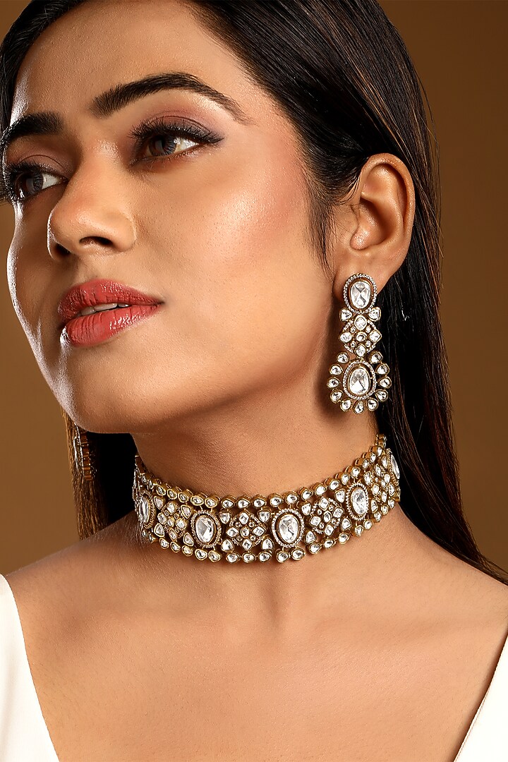 Antique Gold Finish Kundan Polki & Zircon Choker Necklace Set by Hrisha Jewels at Pernia's Pop Up Shop