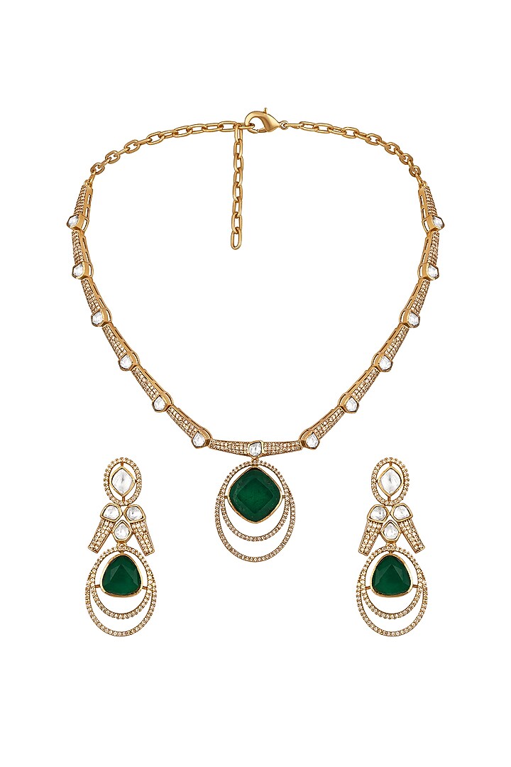 Micron Gold Finish Emerald Stone & Kundan Polki Necklace Set by Hrisha Jewels at Pernia's Pop Up Shop