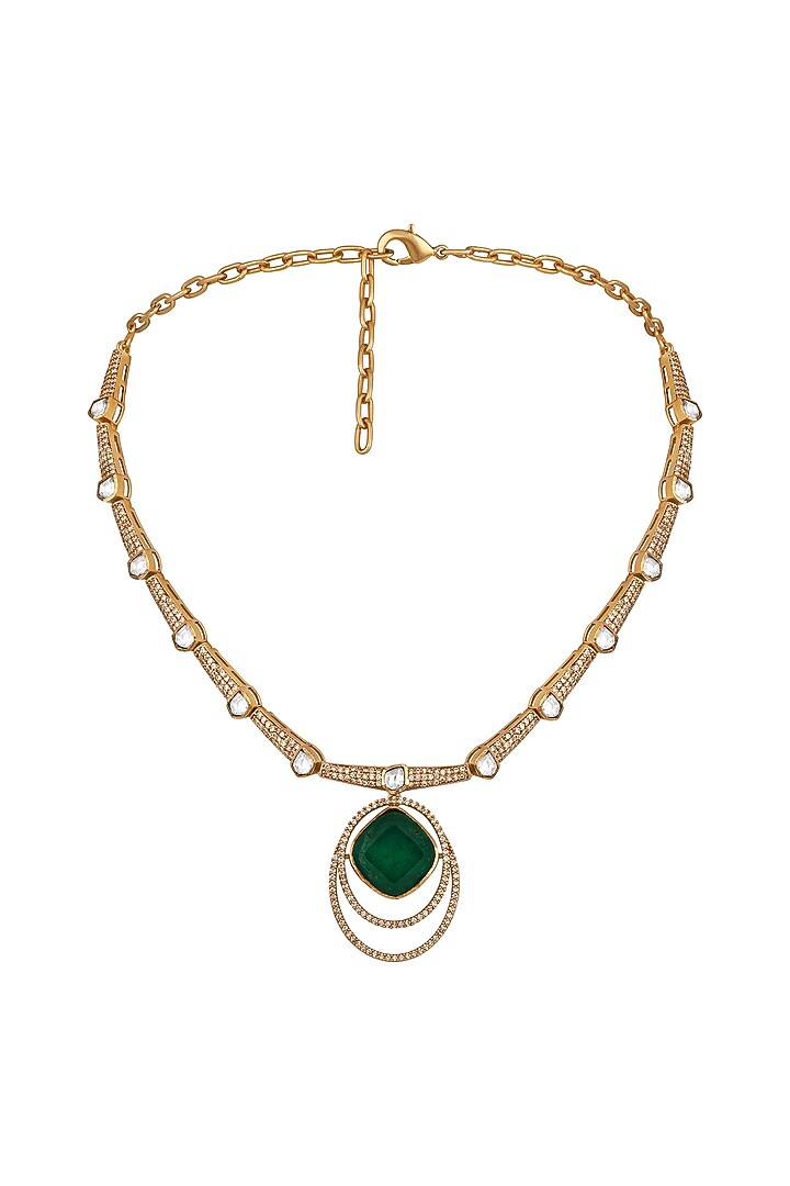Micron Gold Finish Emerald Stone & Kundan Polki Necklace Set by Hrisha Jewels at Pernia's Pop Up Shop