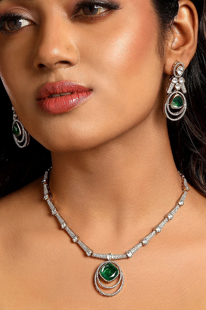Micron Gold Finish Emerald Stone & Kundan Polki Necklace Set by Hrisha Jewels at Pernia's Pop Up Shop