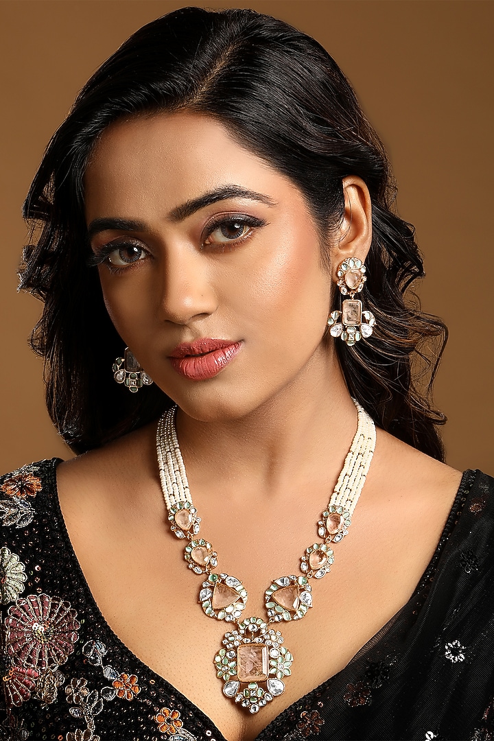 Micron Gold Finish Kundan Polki & Rose Quartz Stone Long Necklace Set by Hrisha Jewels at Pernia's Pop Up Shop