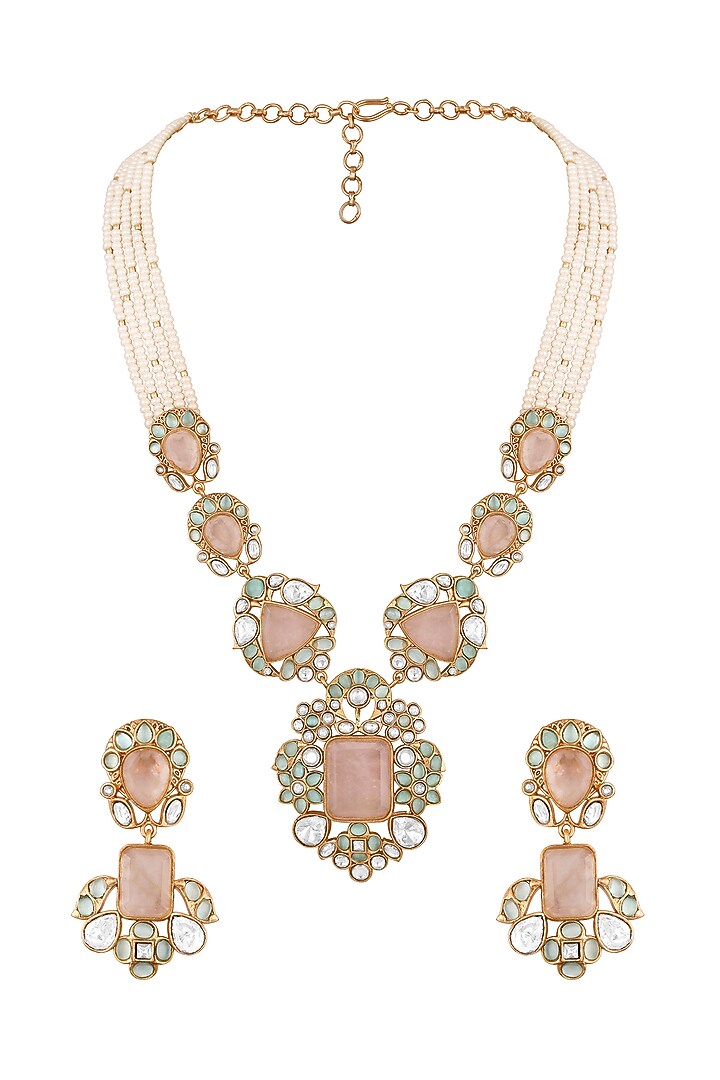 Micron Gold Finish Kundan Polki & Rose Quartz Stone Long Necklace Set by Hrisha Jewels at Pernia's Pop Up Shop