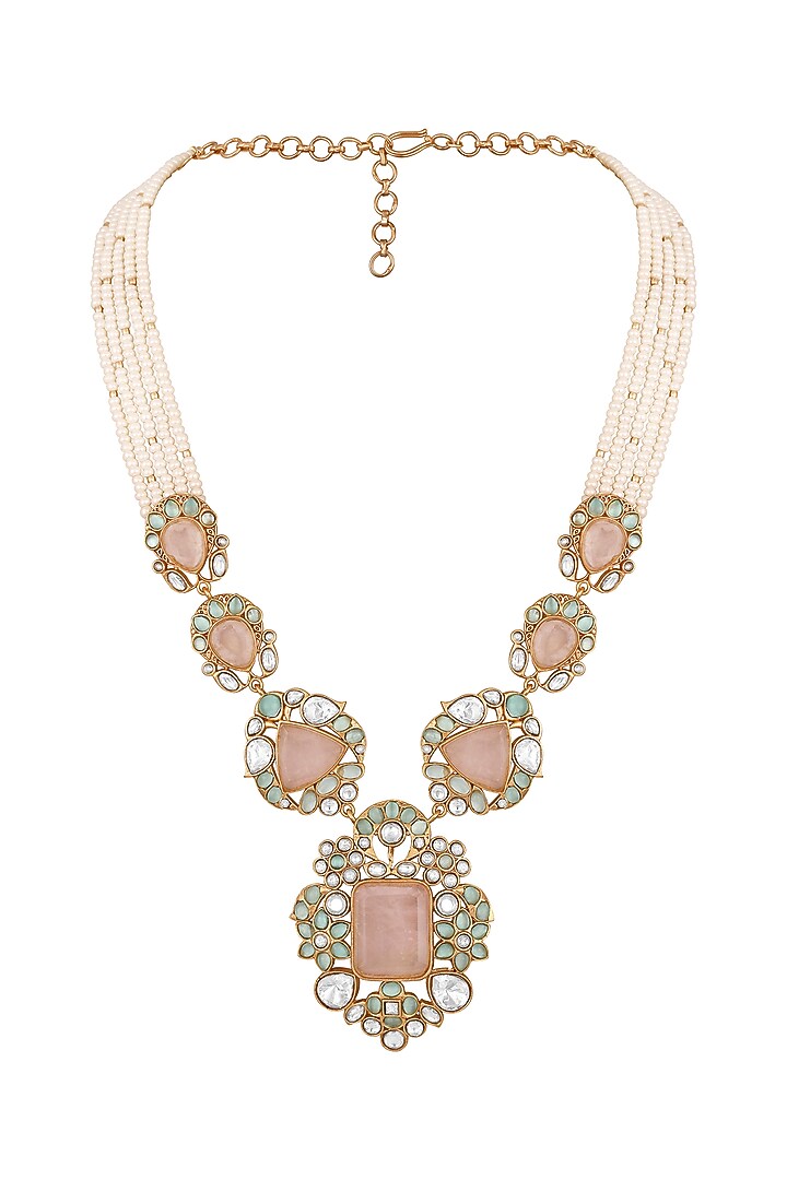 Micron Gold Finish Kundan Polki & Rose Quartz Stone Long Necklace Set by Hrisha Jewels at Pernia's Pop Up Shop