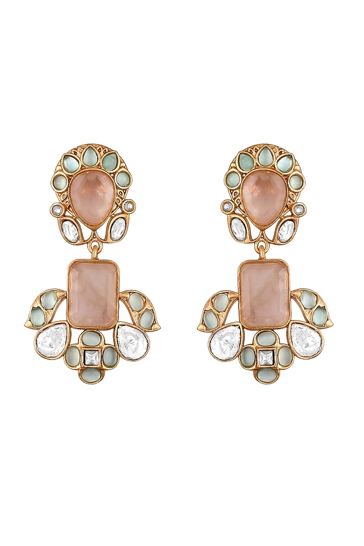 Micron Gold Finish Kundan Polki & Rose Quartz Stone Long Necklace Set by Hrisha Jewels at Pernia's Pop Up Shop
