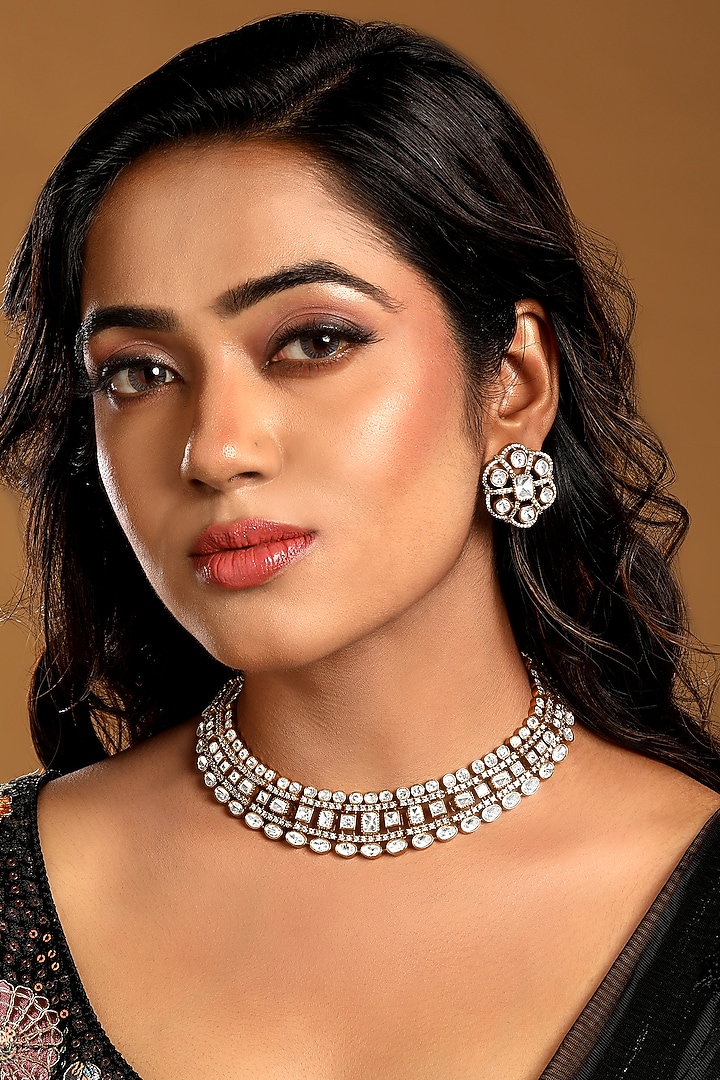 Micron Gold Finish Kundan Polki & Zircon Choker Necklace Set by Hrisha Jewels at Pernia's Pop Up Shop