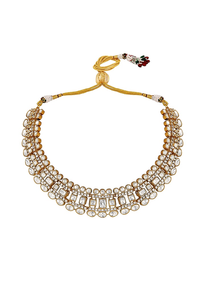 Micron Gold Finish Kundan Polki & Zircon Choker Necklace Set by Hrisha Jewels at Pernia's Pop Up Shop