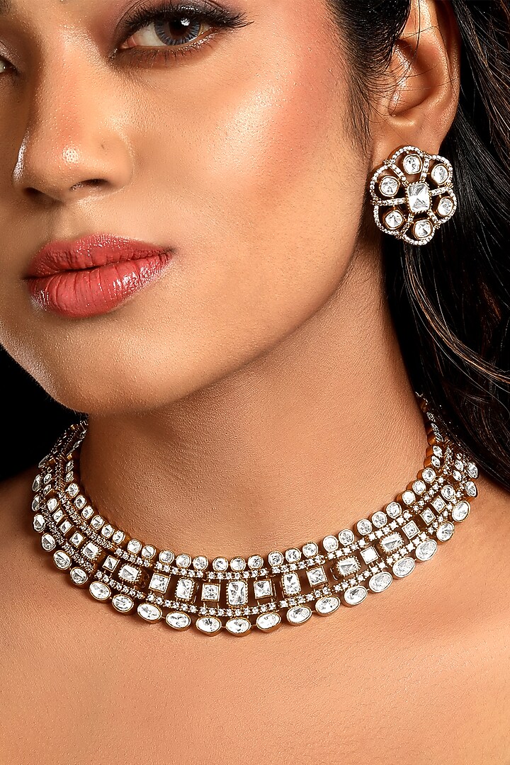 Micron Gold Finish Kundan Polki & Zircon Choker Necklace Set by Hrisha Jewels at Pernia's Pop Up Shop