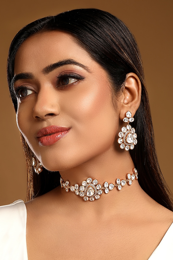 Micron Gold Finish Yellow Kundan Polki & Zircon Choker Necklace Set by Hrisha Jewels at Pernia's Pop Up Shop