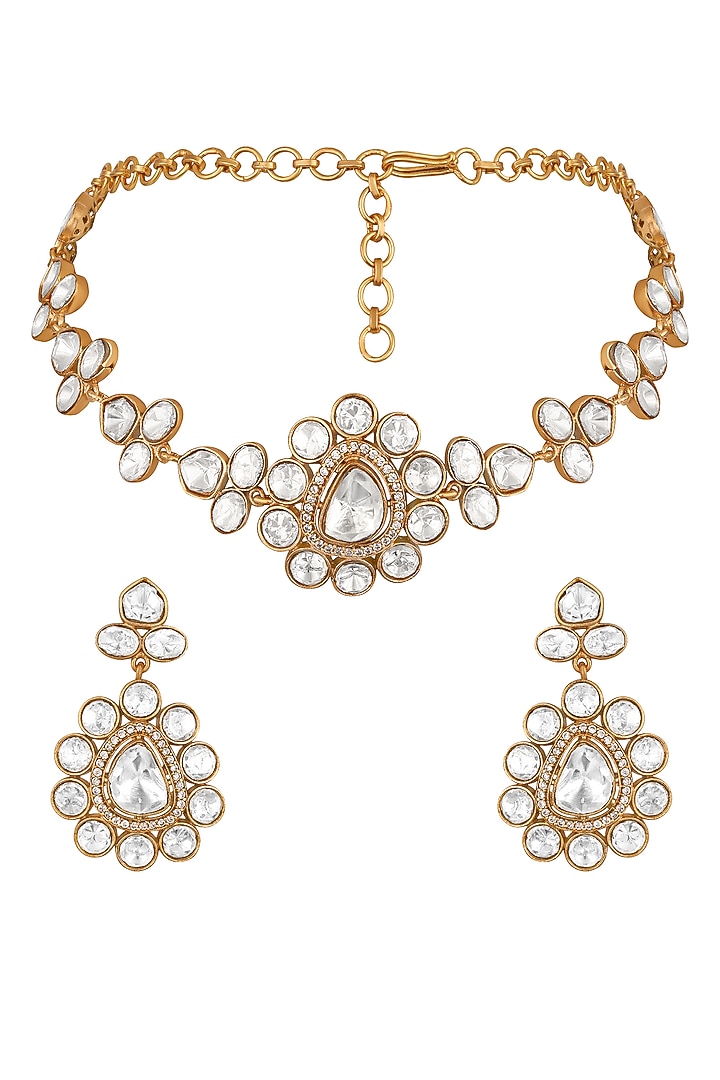 Micron Gold Finish Yellow Kundan Polki & Zircon Choker Necklace Set by Hrisha Jewels at Pernia's Pop Up Shop