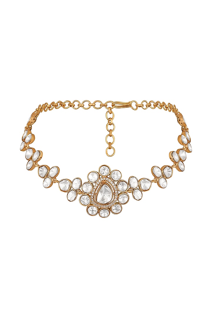 Micron Gold Finish Yellow Kundan Polki & Zircon Choker Necklace Set by Hrisha Jewels at Pernia's Pop Up Shop
