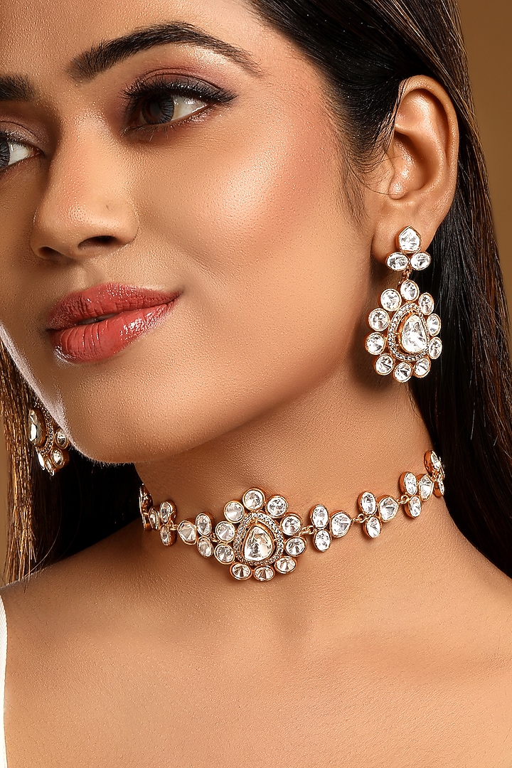 Micron Gold Finish Yellow Kundan Polki & Zircon Choker Necklace Set by Hrisha Jewels at Pernia's Pop Up Shop