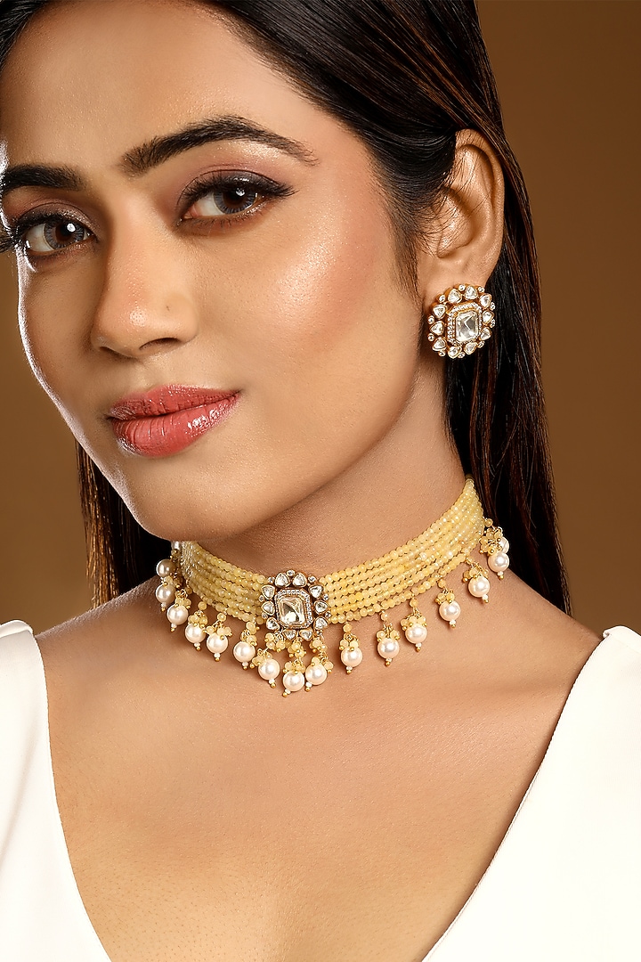 Micron Gold Finish Kundan Polki & Agate Stone Choker Necklace Set by Hrisha Jewels at Pernia's Pop Up Shop