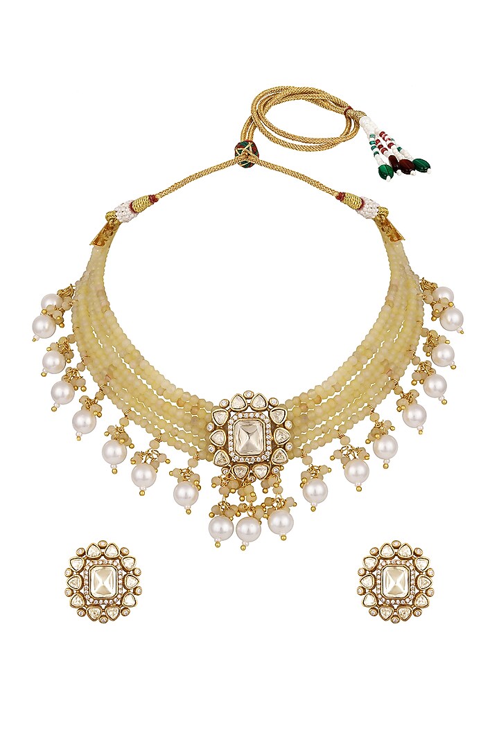 Micron Gold Finish Kundan Polki & Agate Stone Choker Necklace Set by Hrisha Jewels at Pernia's Pop Up Shop