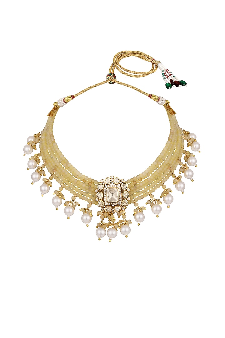 Micron Gold Finish Kundan Polki & Agate Stone Choker Necklace Set by Hrisha Jewels at Pernia's Pop Up Shop