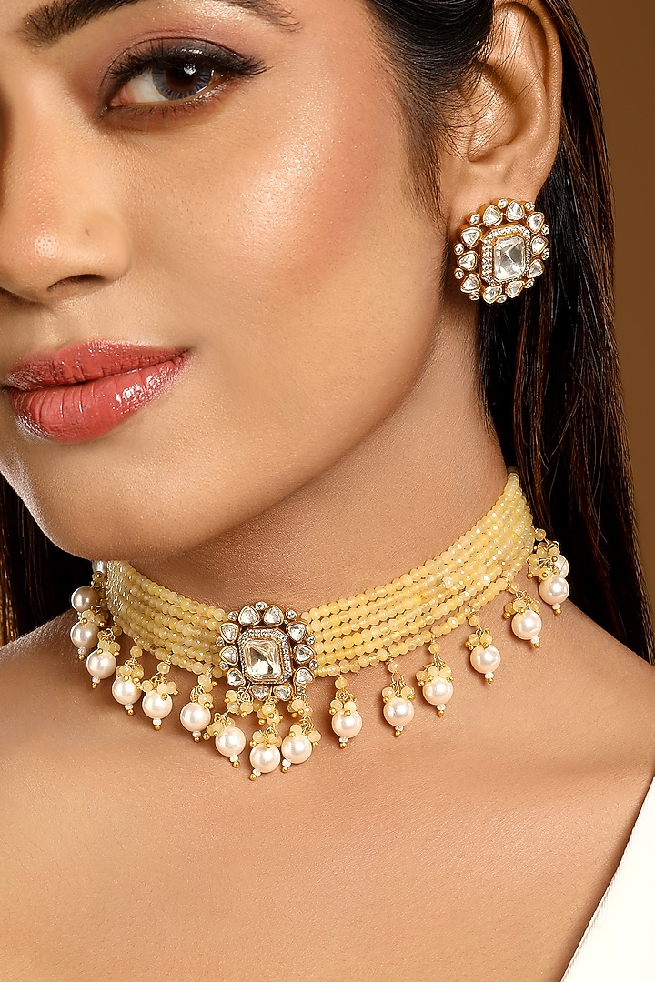 Micron Gold Finish Kundan Polki & Agate Stone Choker Necklace Set by Hrisha Jewels at Pernia's Pop Up Shop