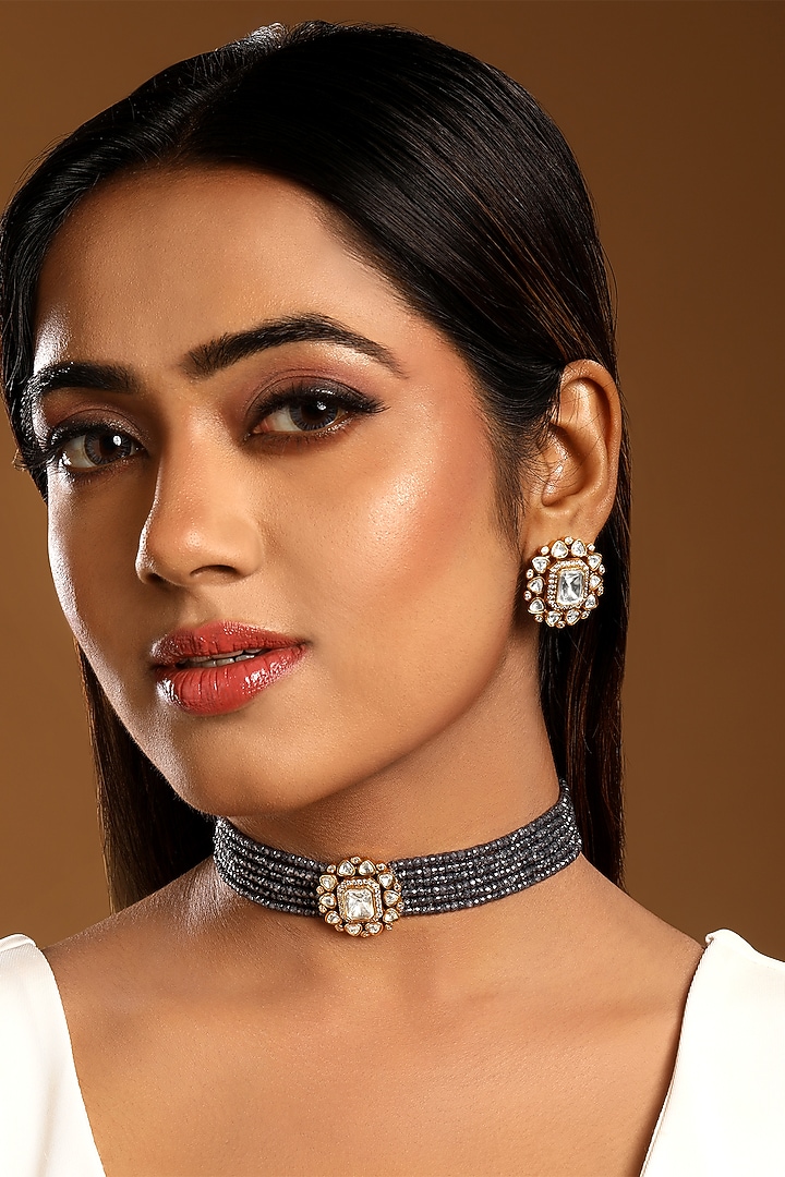Micron Gold Finish Kundan Polki & Zircon Choker Necklace Set by Hrisha Jewels at Pernia's Pop Up Shop