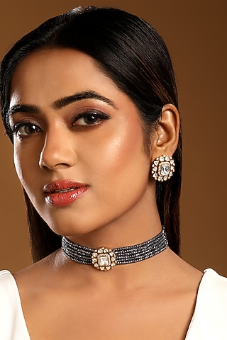 Micron Gold Finish Kundan Polki & Zircon Choker Necklace Set by Hrisha Jewels