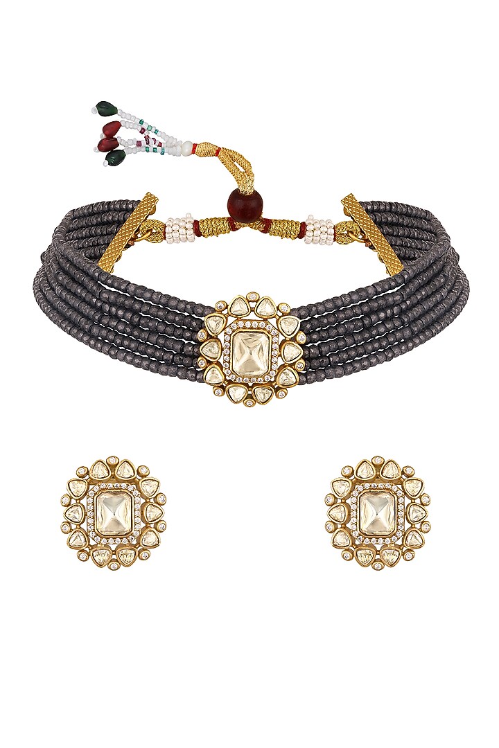 Micron Gold Finish Kundan Polki & Zircon Choker Necklace Set by Hrisha Jewels at Pernia's Pop Up Shop