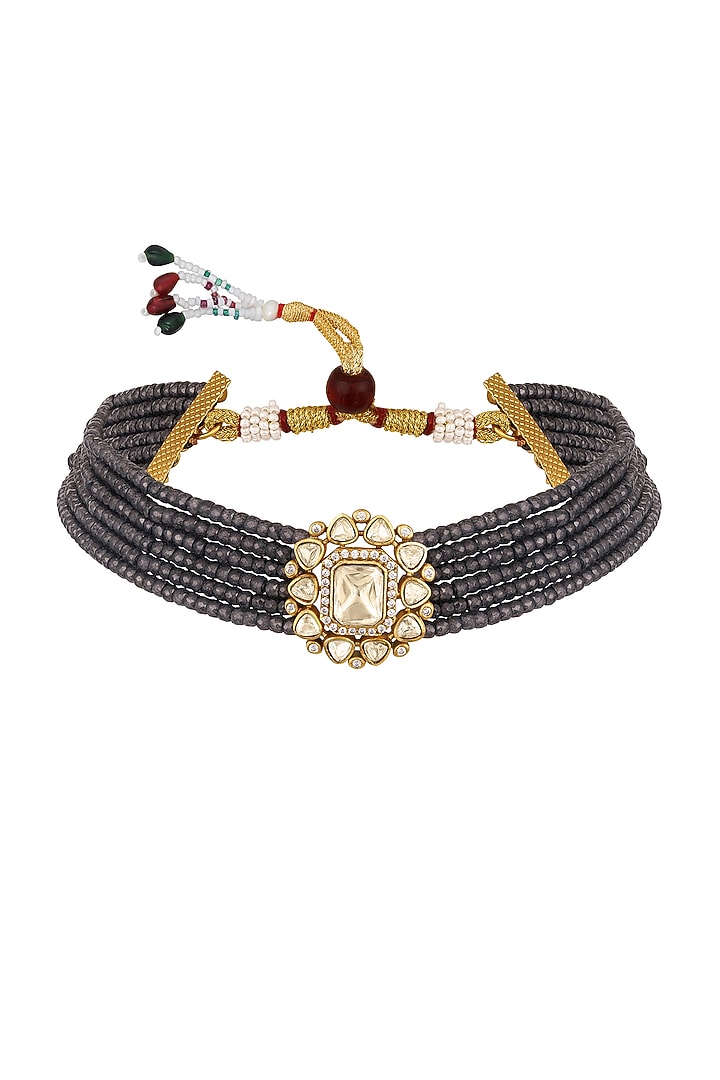 Micron Gold Finish Kundan Polki & Zircon Choker Necklace Set by Hrisha Jewels at Pernia's Pop Up Shop