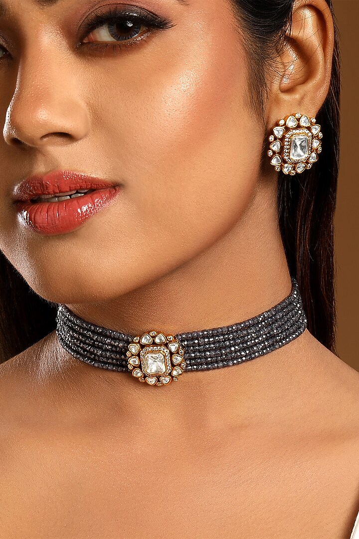 Micron Gold Finish Kundan Polki & Zircon Choker Necklace Set by Hrisha Jewels at Pernia's Pop Up Shop