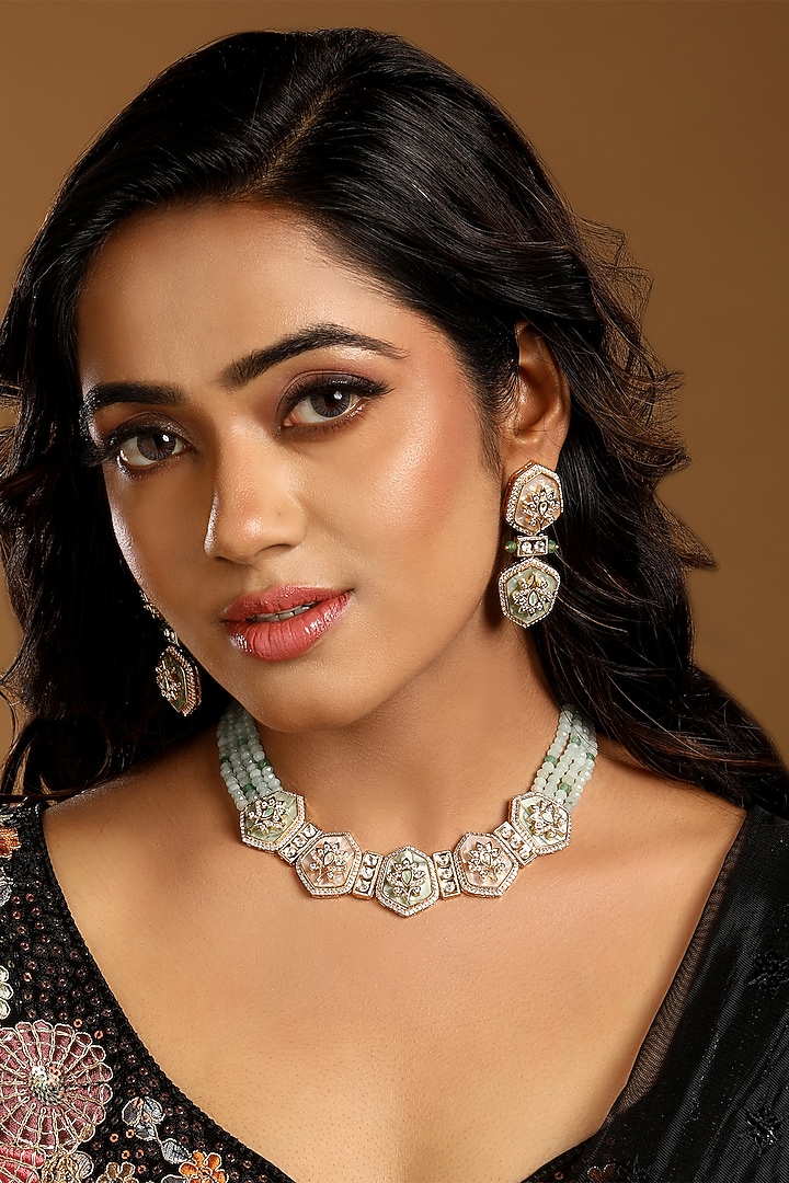 Micron Gold Finish Kundan Polki & Agate Stone Enameled Choker Necklace Set by Hrisha Jewels at Pernia's Pop Up Shop