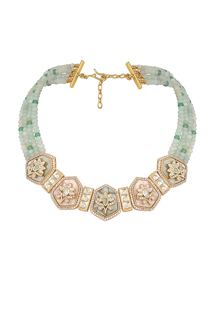 Micron Gold Finish Kundan Polki & Agate Stone Enameled Choker Necklace Set by Hrisha Jewels at Pernia's Pop Up Shop