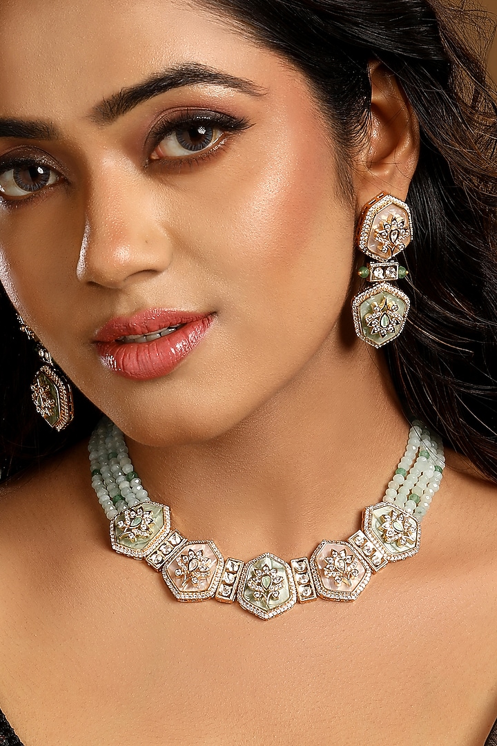 Micron Gold Finish Kundan Polki & Agate Stone Enameled Choker Necklace Set by Hrisha Jewels at Pernia's Pop Up Shop