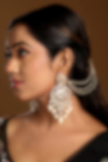 Micron Gold Finish Kundan Polki & Shell Pearl Enamel Chandbali Ear Chain by Hrisha Jewels at Pernia's Pop Up Shop