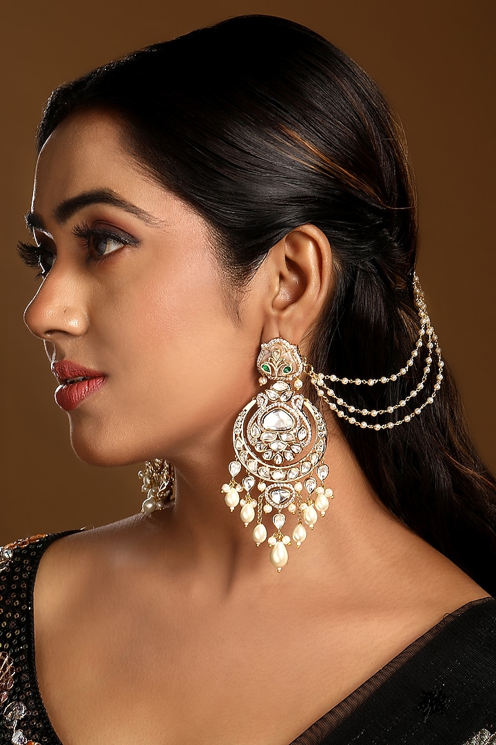 Micron Gold Finish Kundan Polki & Shell Pearl Enamel Chandbali Ear Chain by Hrisha Jewels at Pernia's Pop Up Shop