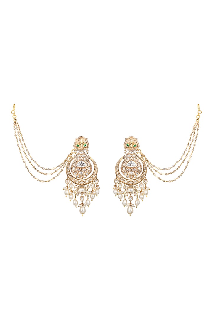 Micron Gold Finish Kundan Polki & Shell Pearl Enamel Chandbali Ear Chain by Hrisha Jewels at Pernia's Pop Up Shop