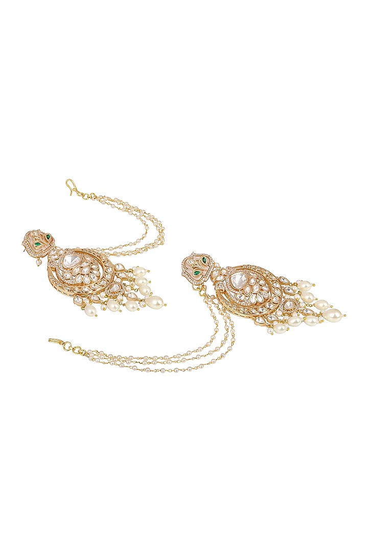 Micron Gold Finish Kundan Polki & Shell Pearl Enamel Chandbali Ear Chain by Hrisha Jewels at Pernia's Pop Up Shop