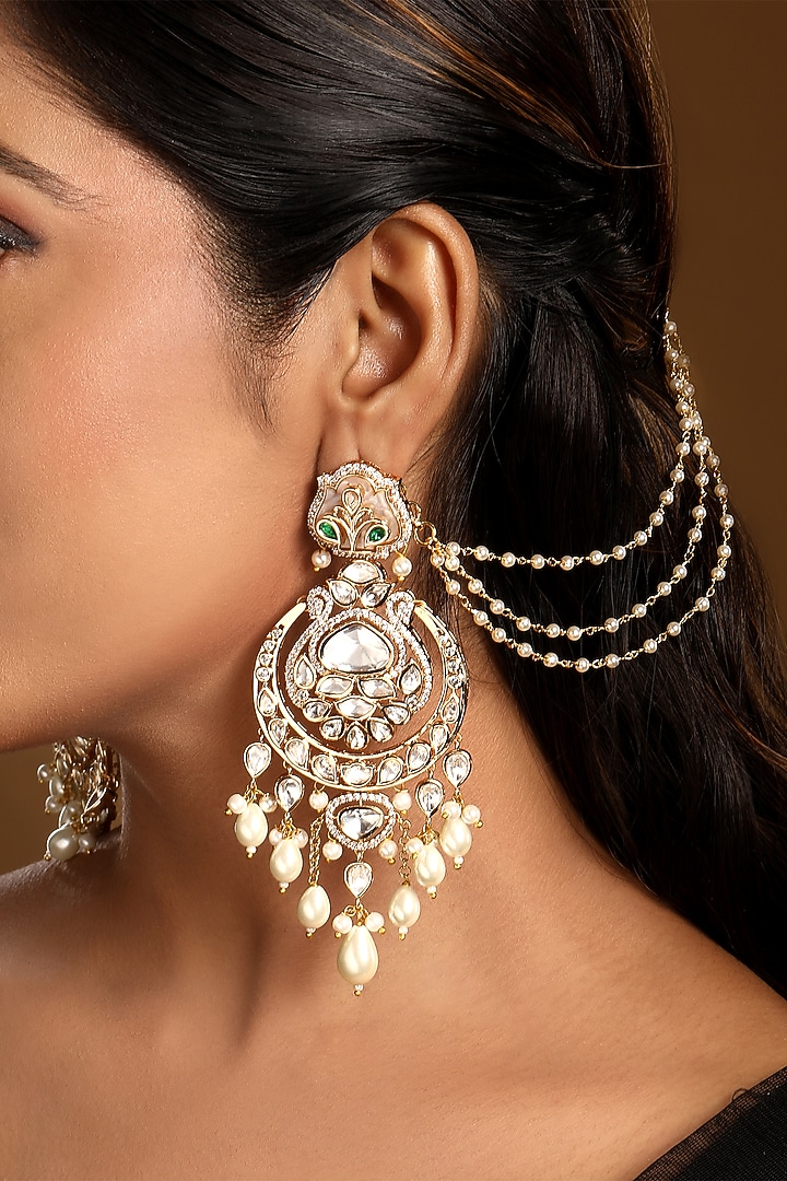 Micron Gold Finish Kundan Polki & Shell Pearl Enamel Chandbali Ear Chain by Hrisha Jewels at Pernia's Pop Up Shop