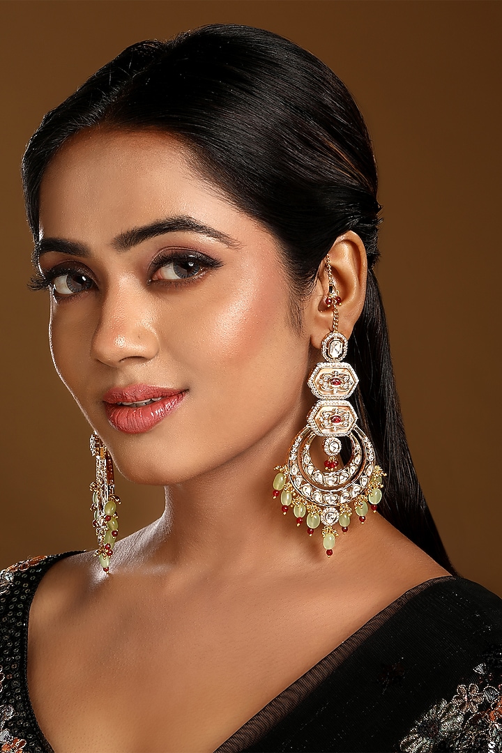 Micron Gold Finish Kundan Polki & Agatte Stone Enameled Chandbali Eachain by Hrisha Jewels at Pernia's Pop Up Shop