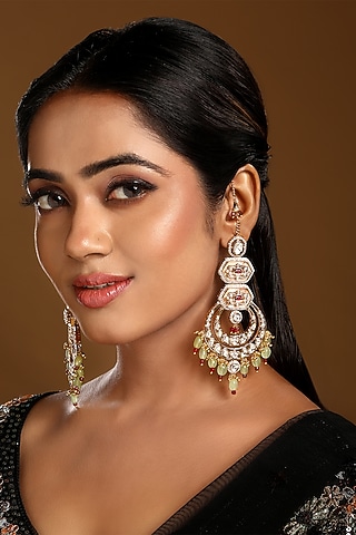 Micron Gold Finish Kundan Polki & Agatte Stone Enameled Chandbali Eachain by Hrisha Jewels