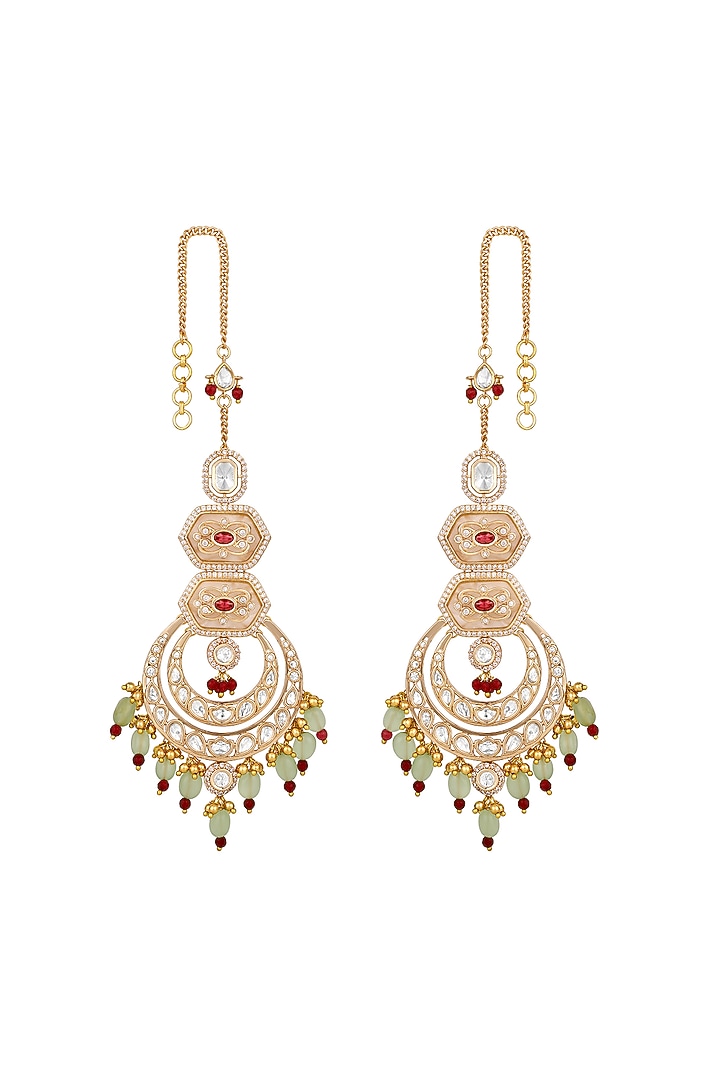 Micron Gold Finish Kundan Polki & Agatte Stone Enameled Chandbali Eachain by Hrisha Jewels at Pernia's Pop Up Shop