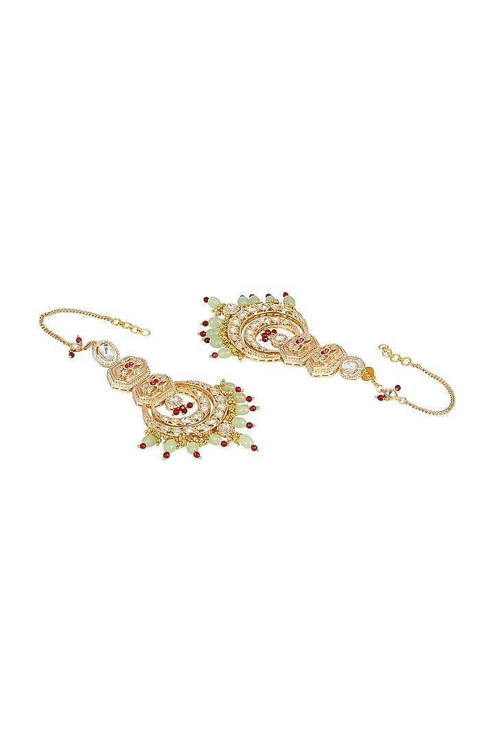 Micron Gold Finish Kundan Polki & Agatte Stone Enameled Chandbali Eachain by Hrisha Jewels at Pernia's Pop Up Shop