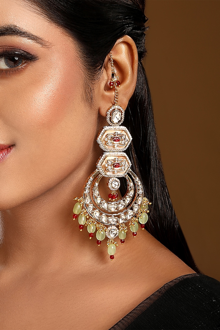 Micron Gold Finish Kundan Polki & Agatte Stone Enameled Chandbali Eachain by Hrisha Jewels at Pernia's Pop Up Shop