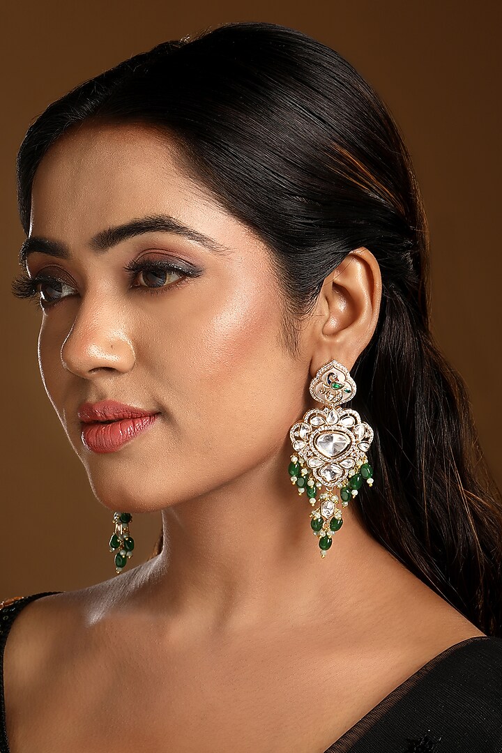 Micron Gold Finish Kundan Polki & Green Tumble Crystal Enameled Dangler Earrings by Hrisha Jewels at Pernia's Pop Up Shop
