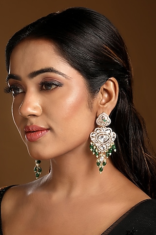 Micron Gold Finish Kundan Polki & Green Tumble Crystal Enameled Dangler Earrings by Hrisha Jewels