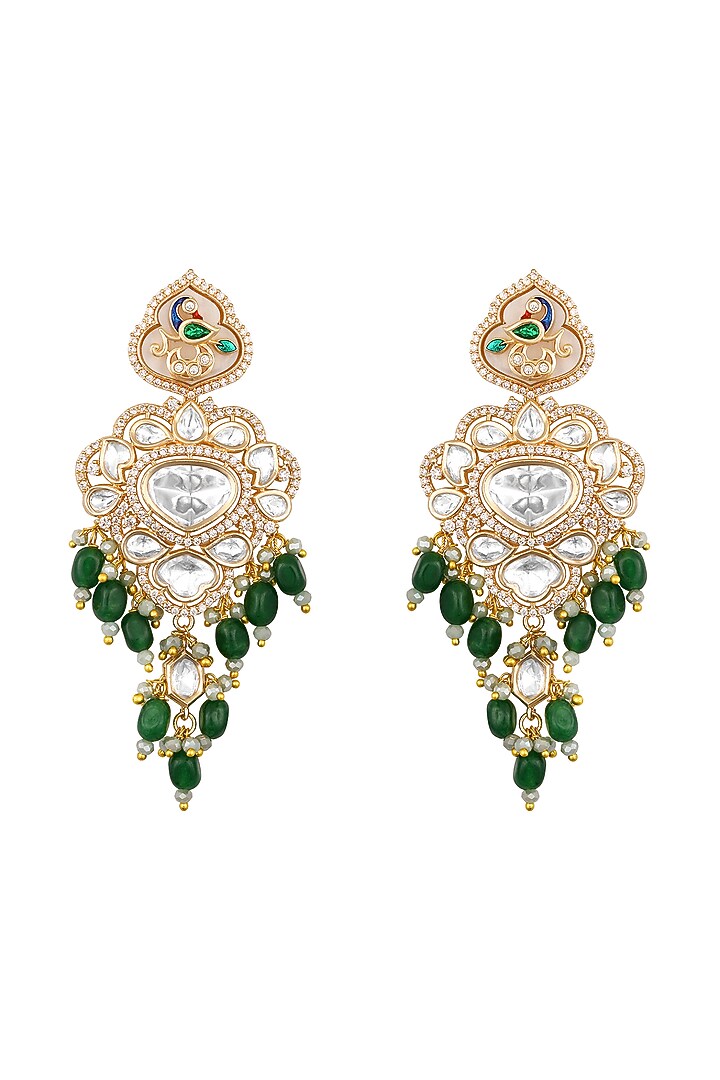Micron Gold Finish Kundan Polki & Green Tumble Crystal Enameled Dangler Earrings by Hrisha Jewels at Pernia's Pop Up Shop