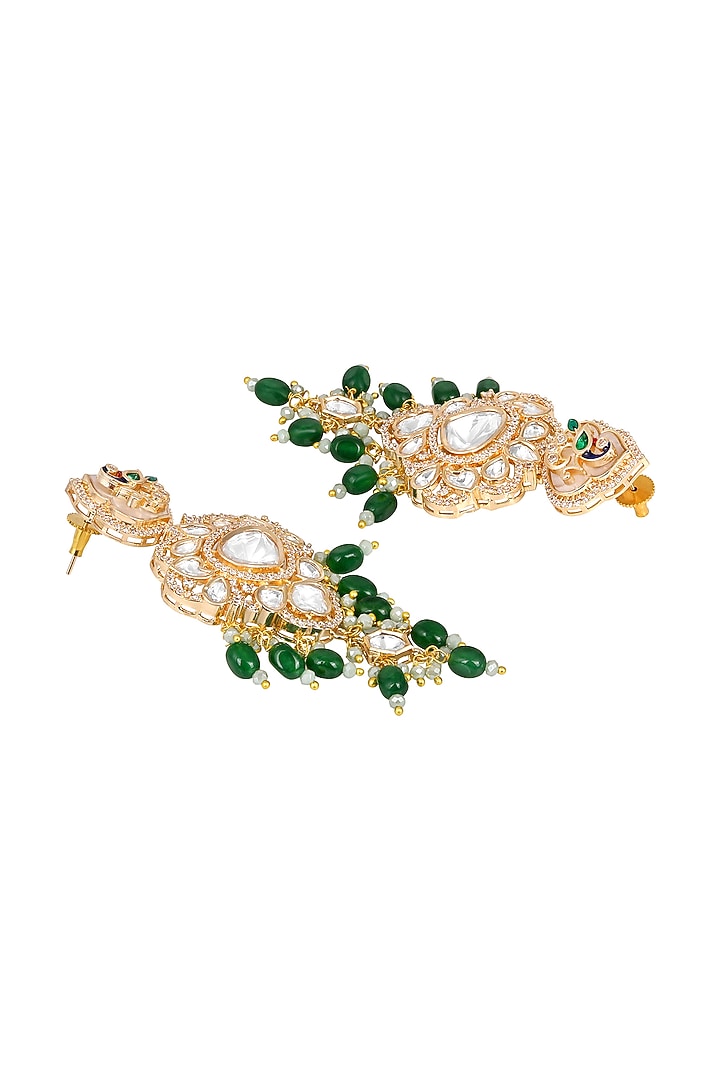 Micron Gold Finish Kundan Polki & Green Tumble Crystal Enameled Dangler Earrings by Hrisha Jewels at Pernia's Pop Up Shop