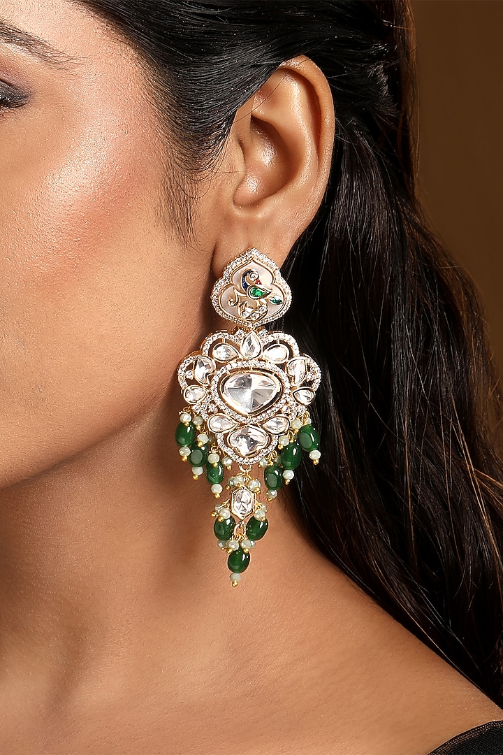 Micron Gold Finish Kundan Polki & Green Tumble Crystal Enameled Dangler Earrings by Hrisha Jewels at Pernia's Pop Up Shop