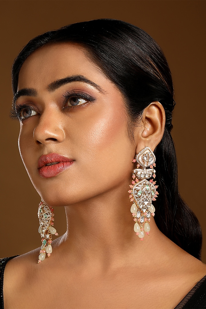 Micron Gold Finish Kundan Polki & Pink Agate Stone Enameled Dangler Earrings by Hrisha Jewels at Pernia's Pop Up Shop