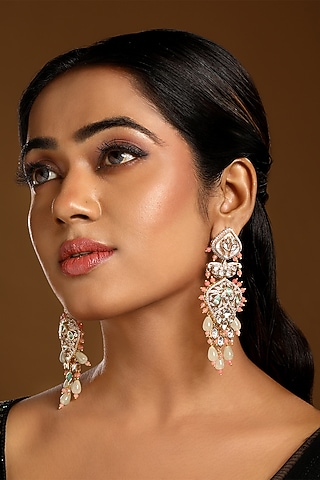 Micron Gold Finish Kundan Polki & Pink Agate Stone Enameled Dangler Earrings by Hrisha Jewels