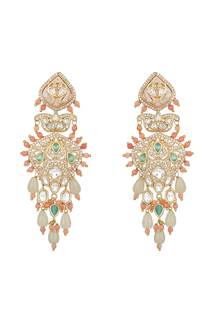 Micron Gold Finish Kundan Polki & Pink Agate Stone Enameled Dangler Earrings by Hrisha Jewels at Pernia's Pop Up Shop