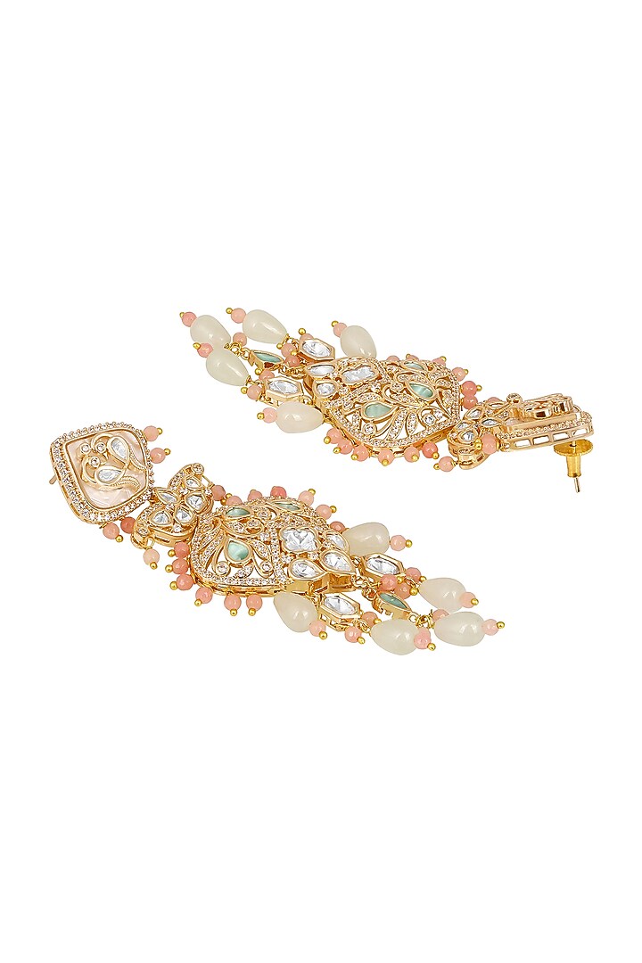 Micron Gold Finish Kundan Polki & Pink Agate Stone Enameled Dangler Earrings by Hrisha Jewels at Pernia's Pop Up Shop